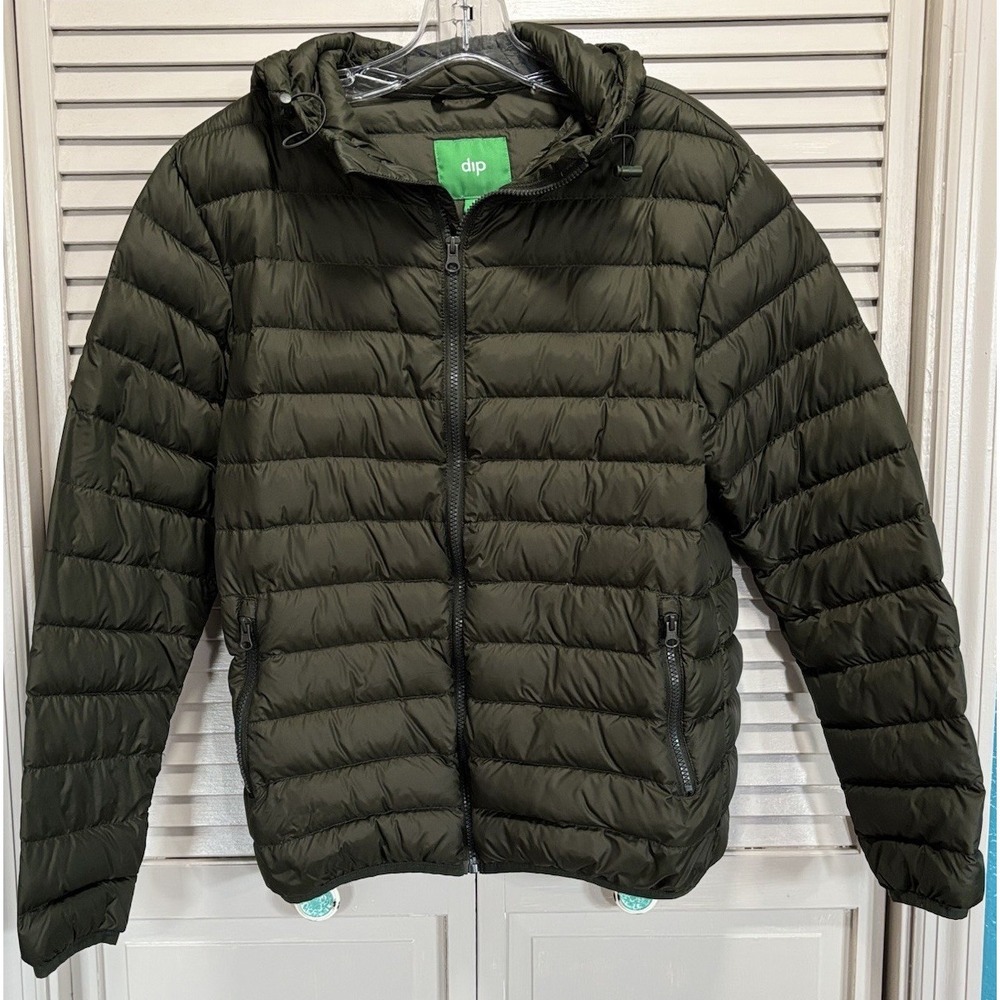 Dip Puffer Jacket Snap Up Size Medium Pockets Long Sleeve Hood Quilted Warm